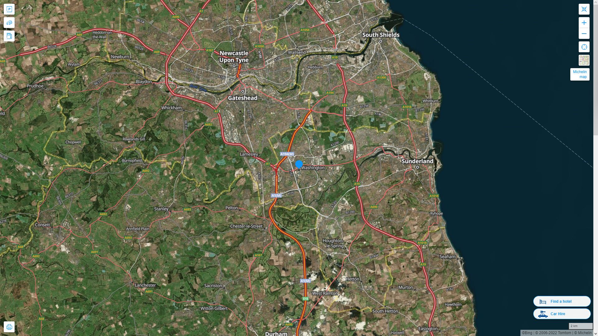 Washington UK Royaume Uni Autoroute et carte routiere avec vue satellite